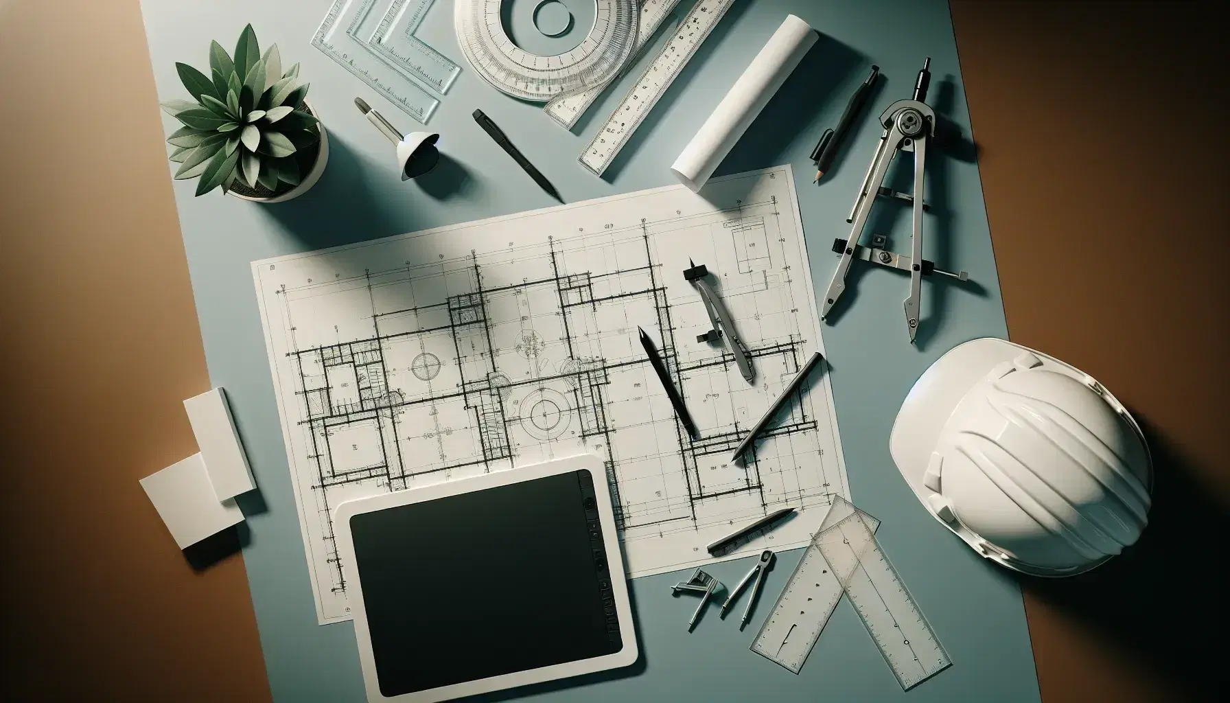Vista aérea de un espacio de trabajo con planos arquitectónicos, regla triangular, compás de precisión, tableta gráfica, casco de seguridad y planta verde.