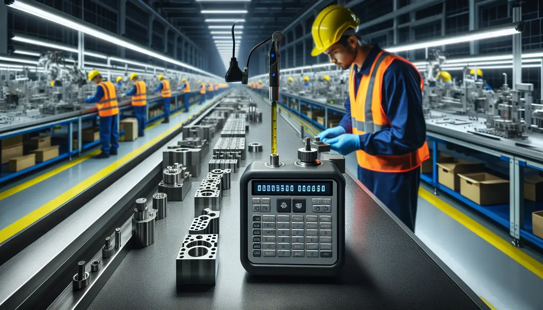 Línea de montaje en fábrica con trabajadores en uniformes de seguridad inspeccionando pieza mecánica con herramienta de medición digital.