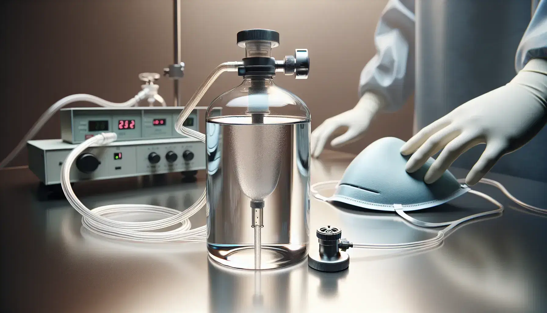 Glass cylinder with colorless gas connected to blue anesthesia mask, hands in gloves adjust flow on blurry medical equipment.