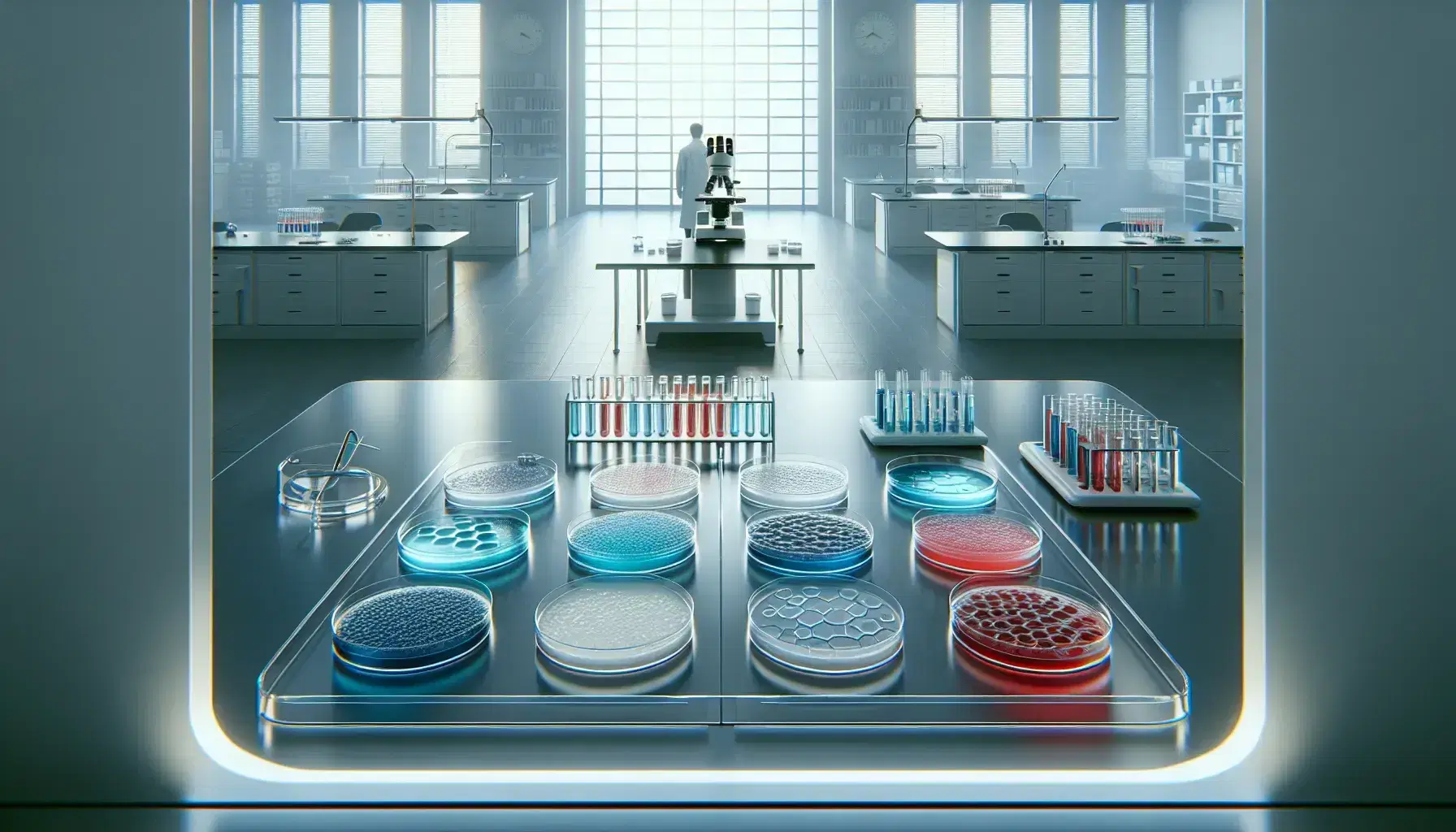 Laboratory with central table containing Petri dishes with blue and red gelatinous substances, person in lab coat analyzes samples under the microscope.