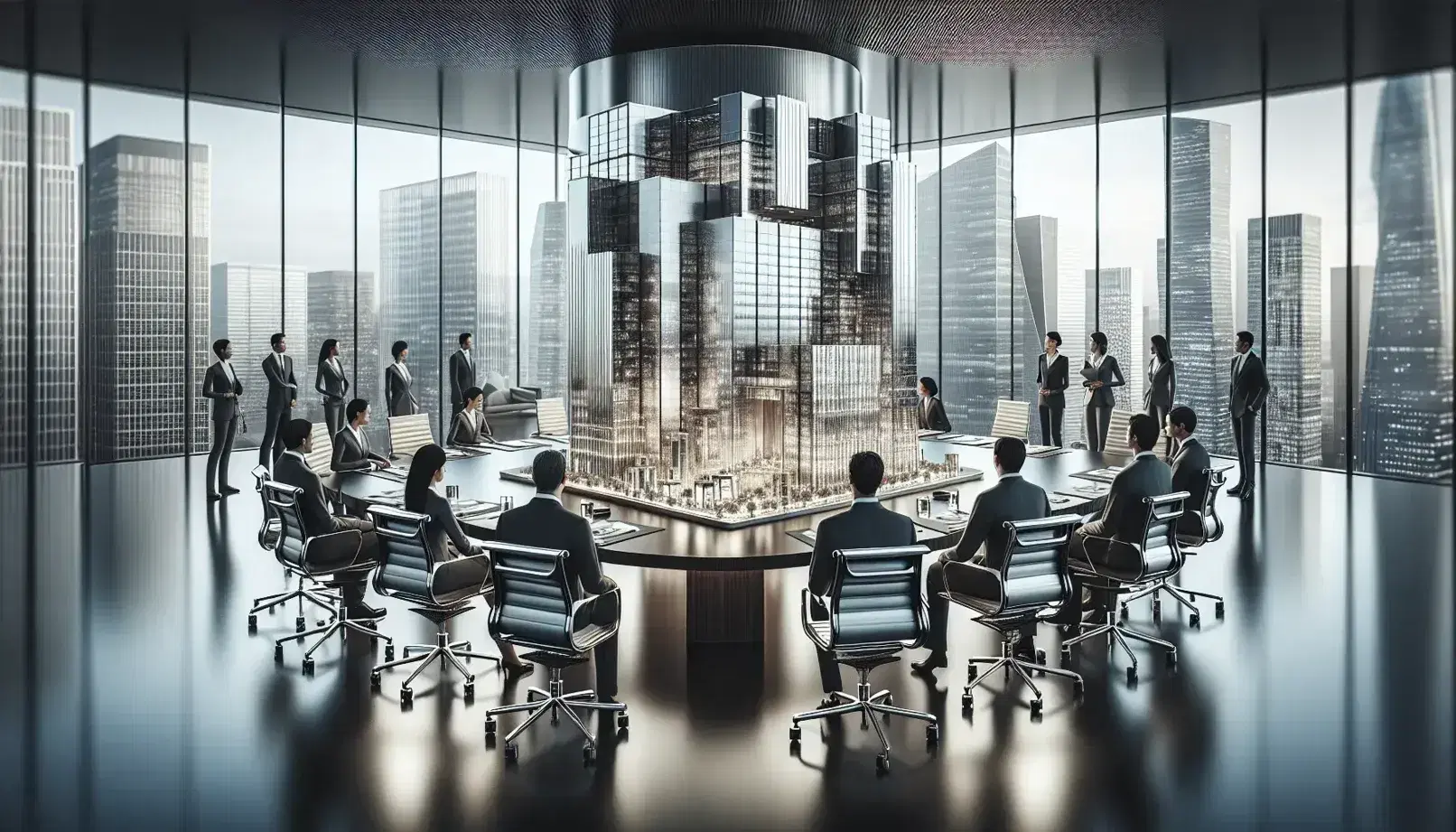 Diverse team of professionals discussing around a modern conference table with a scale model building, in a well-lit office with city views.