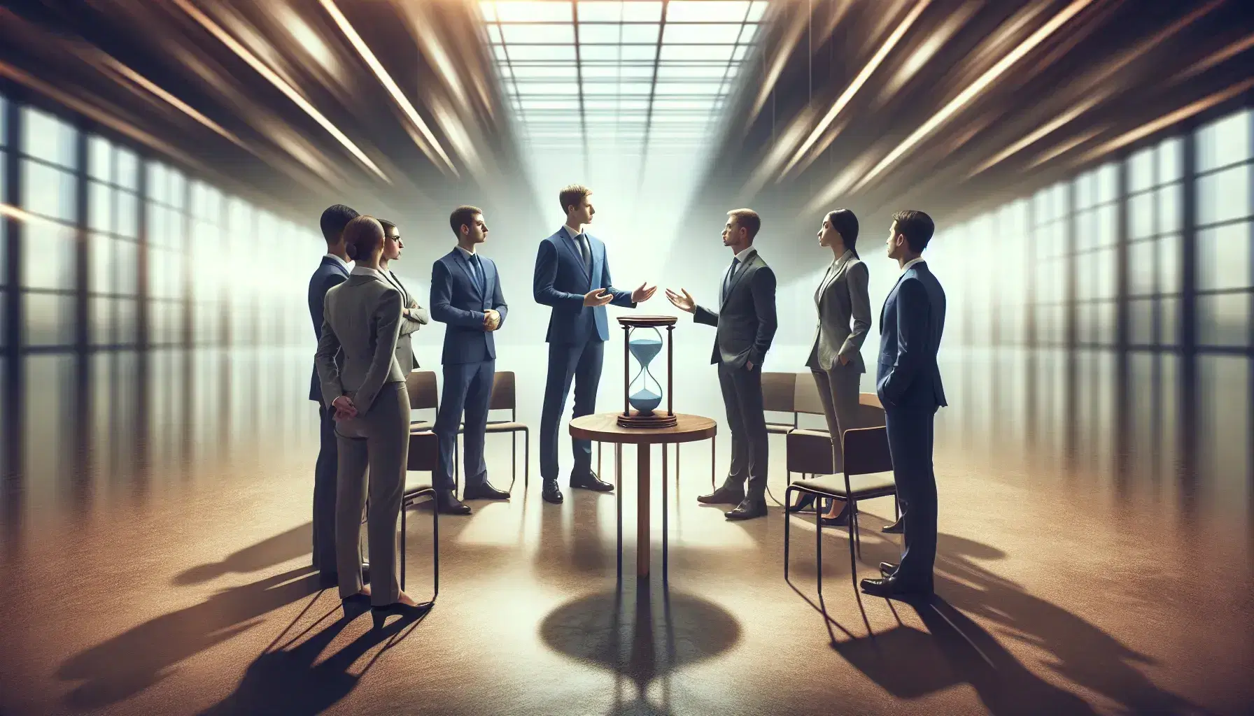 Grupo de cinco profesionales en atuendo de negocios participando en una reunión, con un reloj de arena en primer plano y un apretón de manos simbólico.