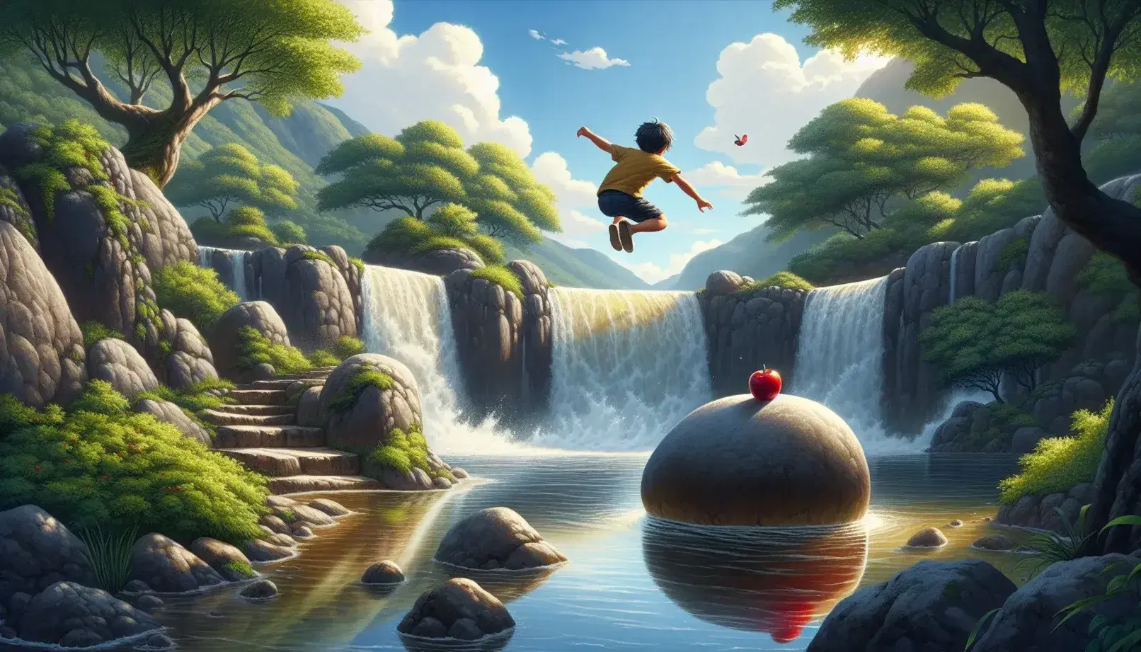 Serene waterfall cascading into a tranquil pond with a red apple on a boulder and a child leaping towards it, surrounded by lush greenery.