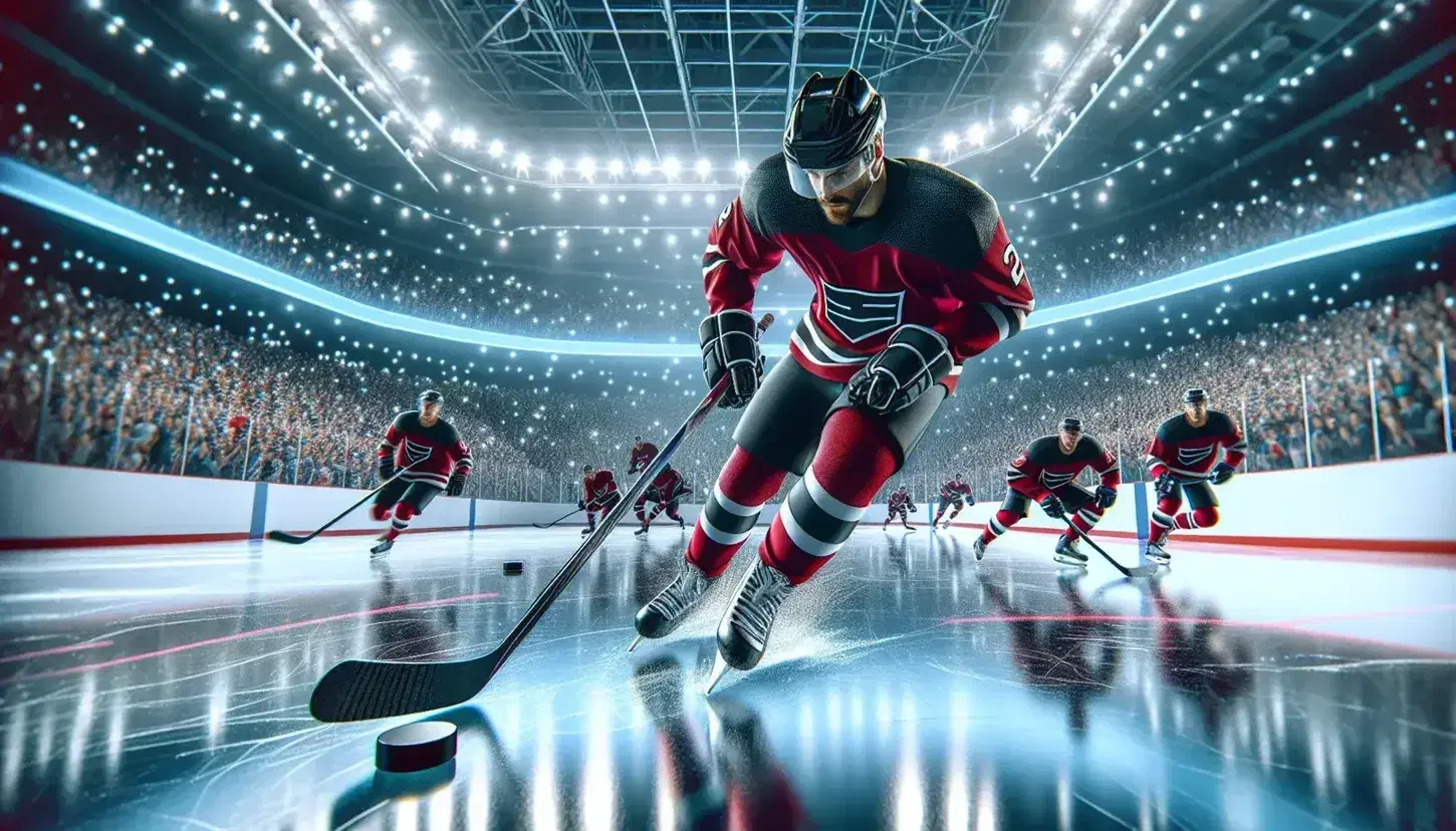 Ice hockey player in red jersey drives the puck in a lively game, with bright lights and blurry spectators in the background.