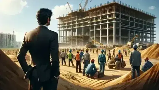 Uomo in abito formale osserva lavoratori con caschi di sicurezza impegnati in un cantiere edile in India, con gru e strutture in costruzione sullo sfondo.
