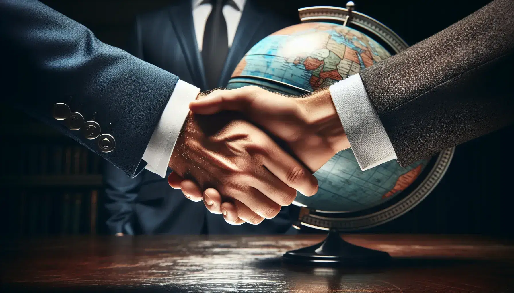 Two hands in business suits shaking hands over a polished desk, with two traditional-style globes in the soft-lit background, symbolizing global agreement.