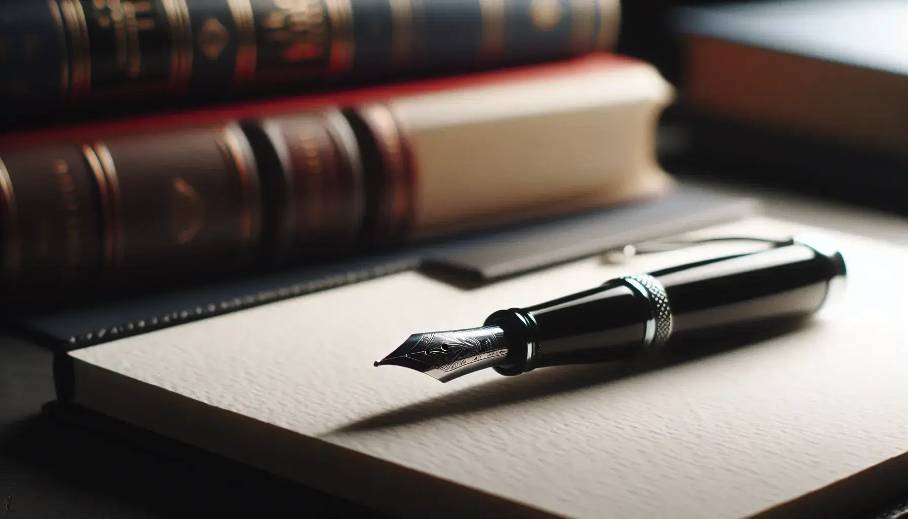 Pluma fuente negra con detalles plateados sobre papel blanco texturizado, preparada para escribir, con libros desenfocados al fondo y una iluminación suave.