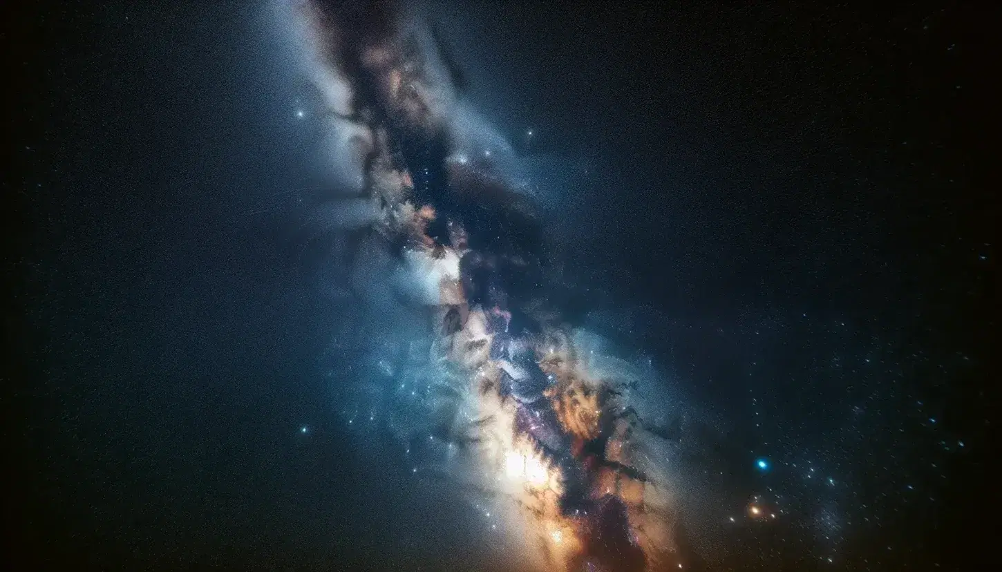 Fotografia a lunga esposizione della Via Lattea che attraversa il cielo notturno con tonalità di bianco, grigio e rosa su sfondo blu scuro.
