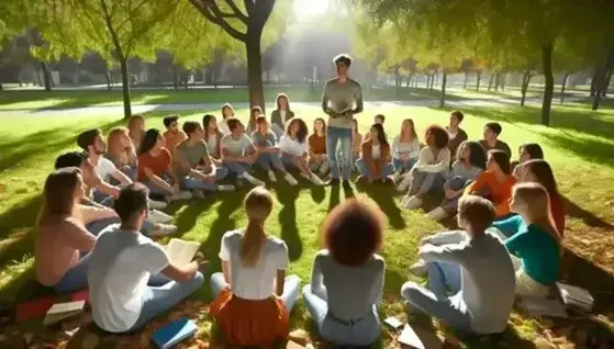 Grupo diverso de jóvenes adultos sentados en semicírculo en un parque escuchando a un compañero de pie que comparte ideas, en un día soleado con árboles y cielo azul de fondo.