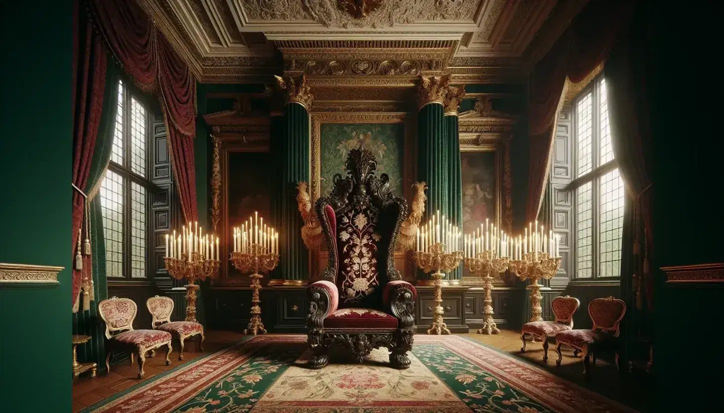 Opulent 17th-century Stuart Restoration-style throne room with a crimson velvet and gold-embroidered throne, gilded candelabras, and a richly paneled interior.