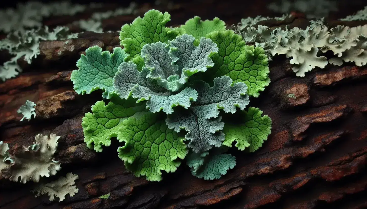 Vibrant green and gray lichen with lobed edges and crusty texture on rough brown tree bark, showcasing the symbiotic relationship in a natural setting.