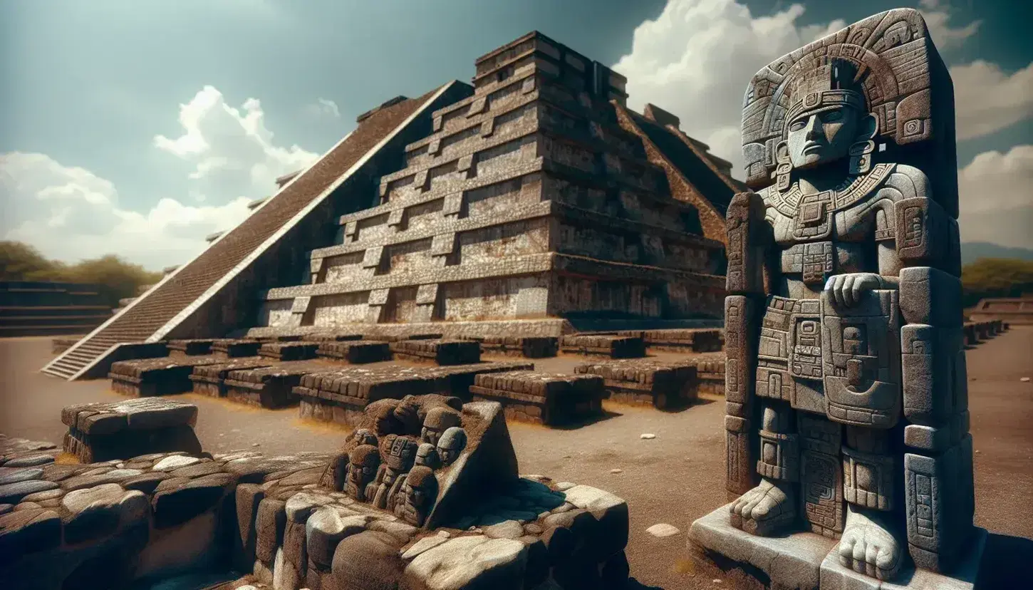 Ancient Aztec temple ruins with a stone warrior sculpture and stepped pyramid tiers under a clear blue sky, showcasing historical architecture.