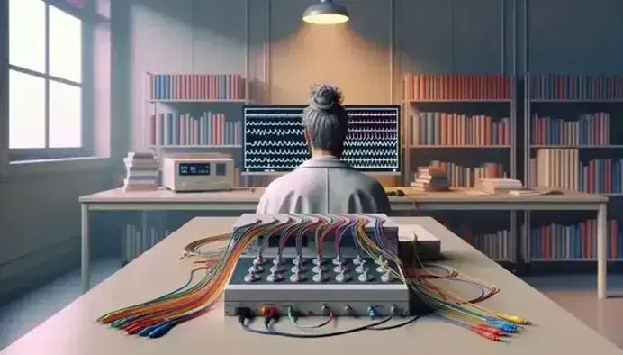 Laboratorio de psicología con máquina de EEG y electrodos de colores en una mesa, persona en bata blanca analizando datos en un ordenador y estantería con libros.