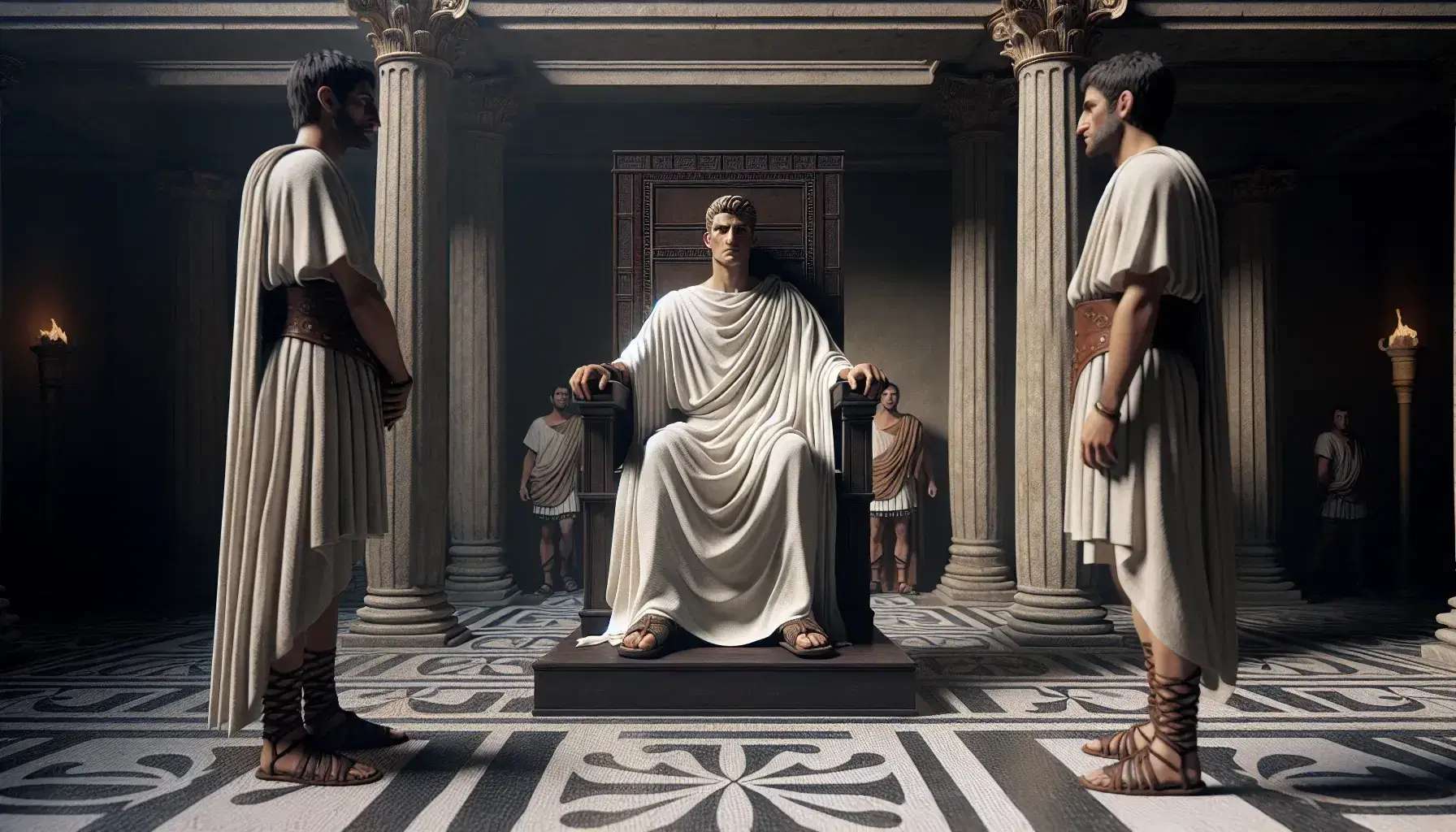 Scena di tribunale romano antico con magistrato in toga bianca, due uomini in tuniche e colonne architettoniche, bilancia in bronzo in primo piano.