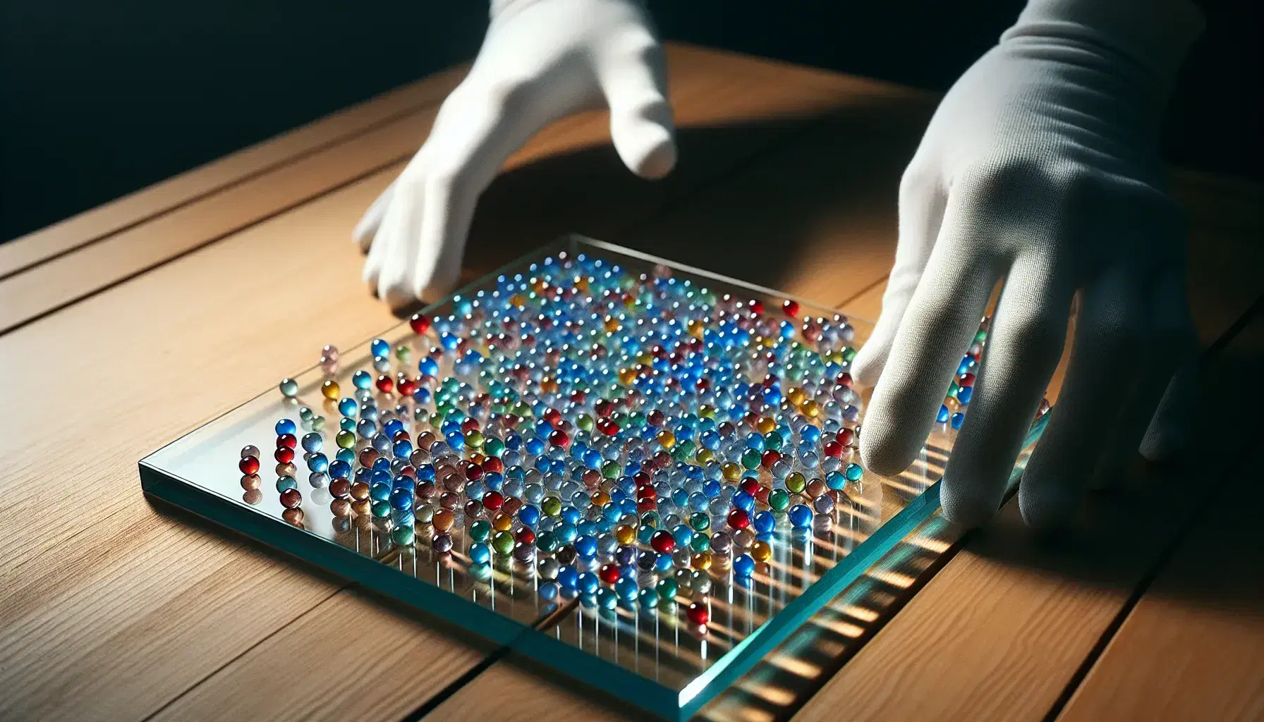 Close-up view of multicolored beads on a glass board with gloved hands arranging them on a wooden surface, reflecting soft light.