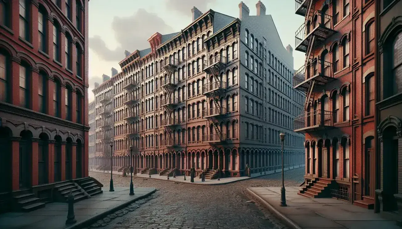 Early 20th-century cityscape with brick tenement buildings, bay windows, and fire escapes, cobblestone streets, and pedestrians in vintage attire.