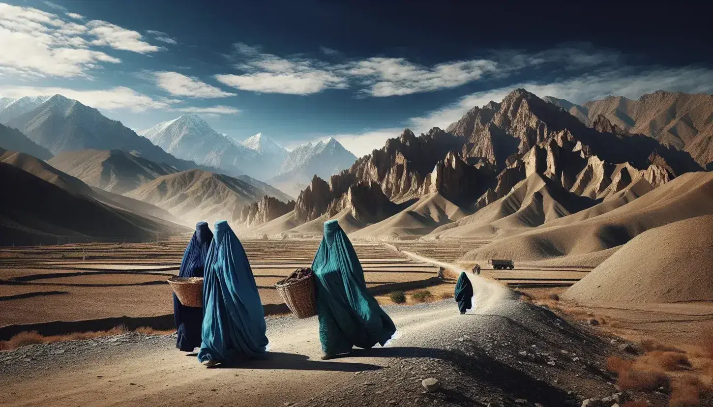 Two Afghan women in burqas carrying baskets on their heads walk on a dusty road through rugged mountains under a clear blue sky.