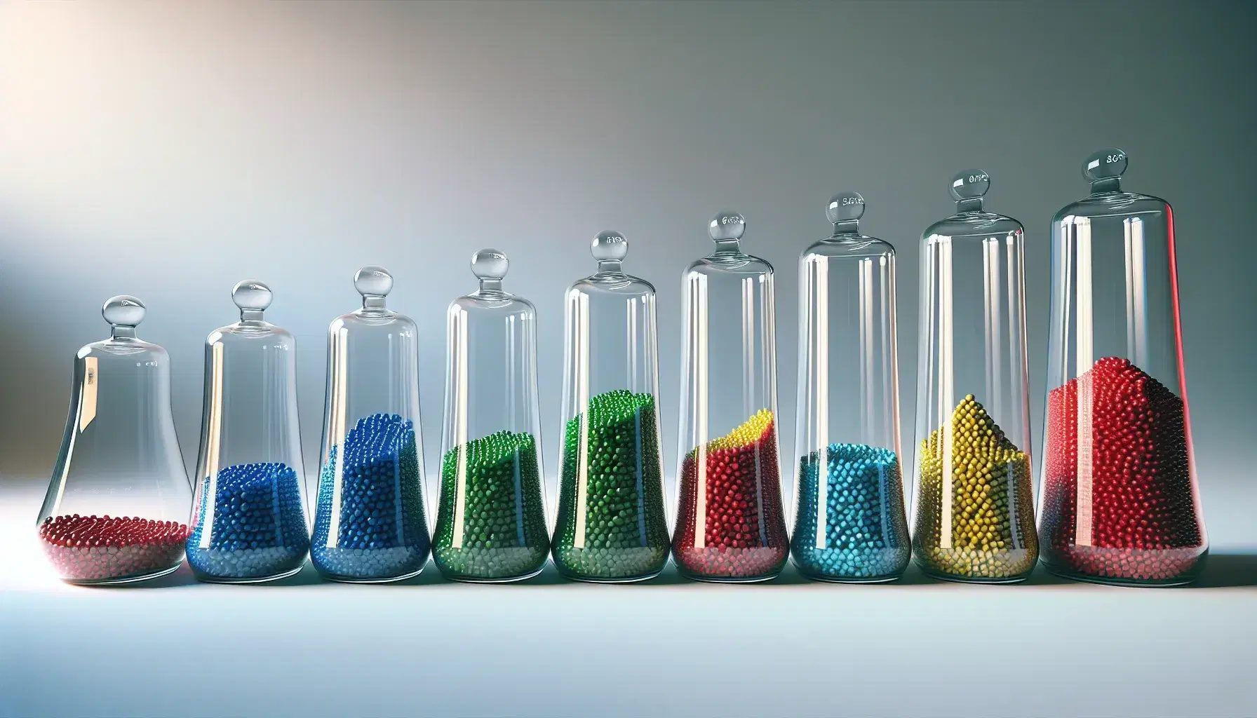 Bell-shaped glass jars with sequentially colored marbles representing a normal distribution, with the central peak of yellow marbles.