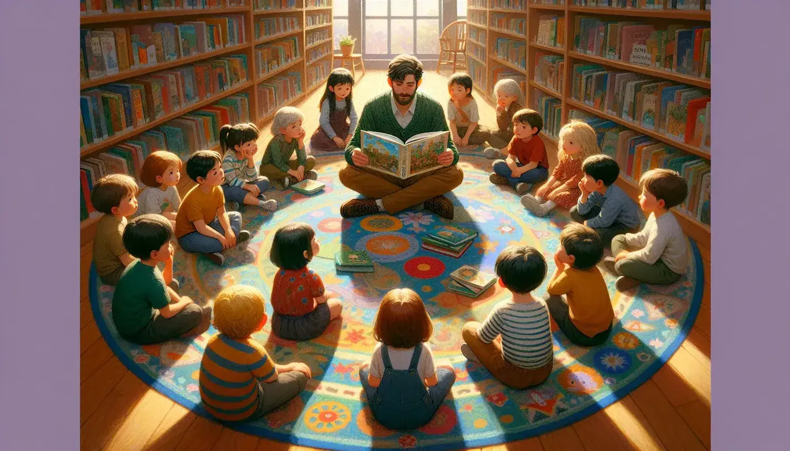 Niños atentos escuchando a un adulto leer un libro ilustrado en una biblioteca, sentados en una alfombra colorida con estantes de libros al fondo.