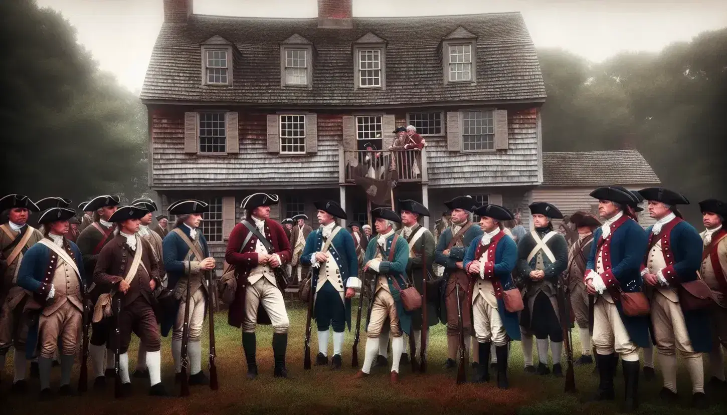 Revolutionary War reenactors dressed as Loyalists with muskets and swords near a colonial wooden house, horse tethered to fence, clear blue sky.