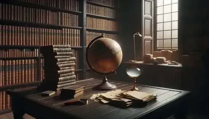 Biblioteca antigua con estanterías de madera oscura llenas de libros, mesa central con globo terráqueo sepia, lupa y papeles amarillentos bajo luz cálida.