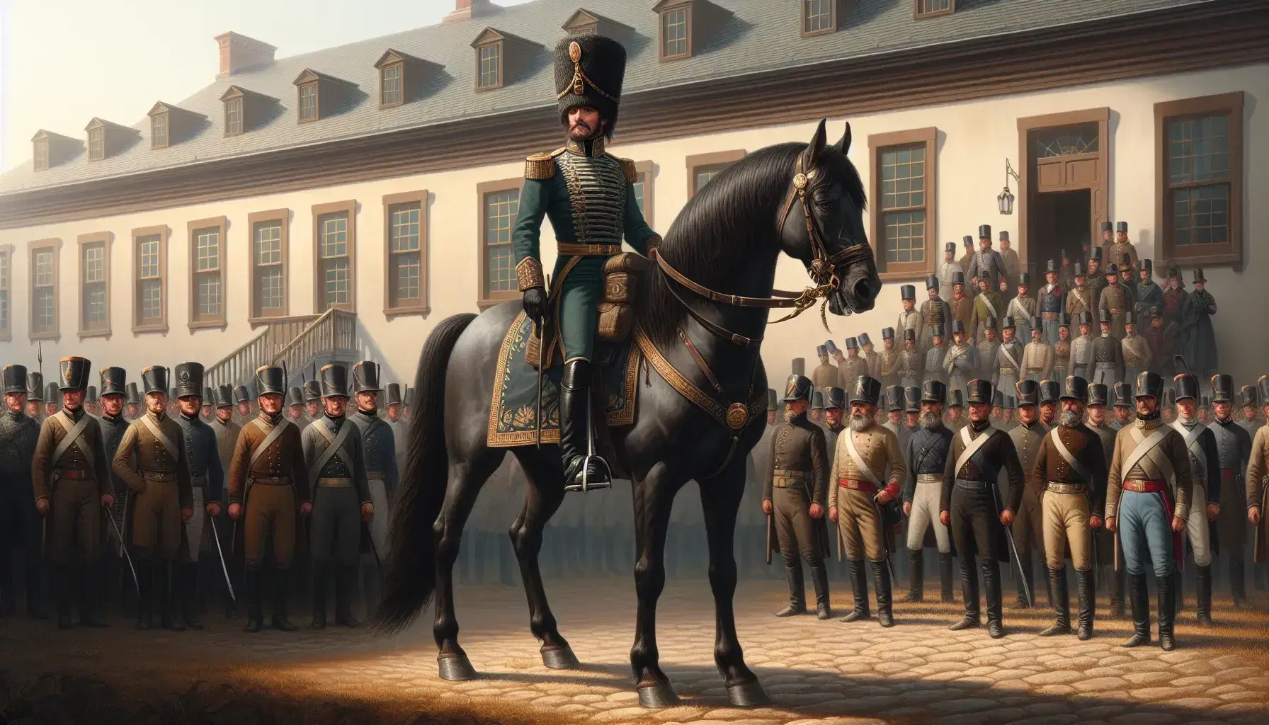 Escena histórica al aire libre con hombre a caballo en uniforme militar del siglo XIX y grupo de personas en atuendos de época frente a edificio colonial.