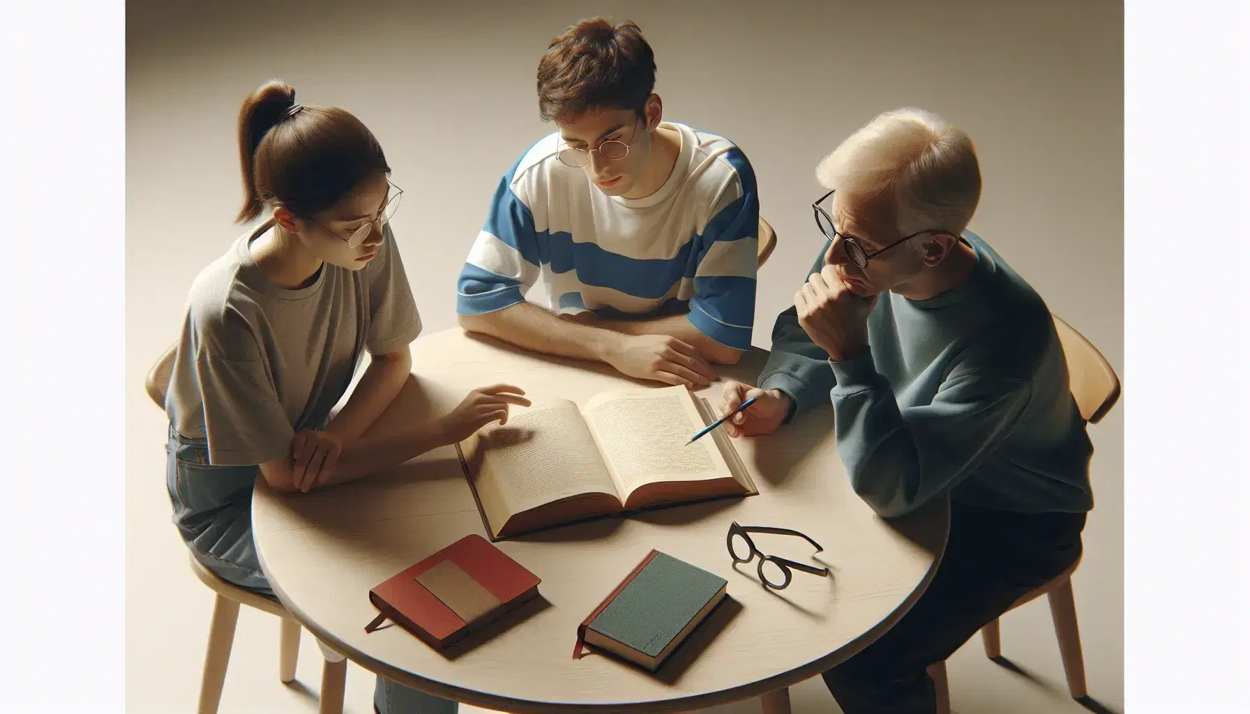 Grupo de tres personas concentradas leyendo un libro sobre mesa redonda de madera bajo luz natural, con accesorios como gafas, cuaderno y bolígrafo.