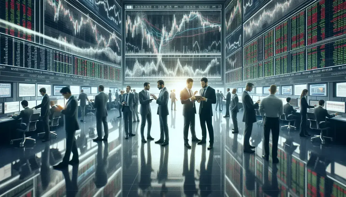Traders engage in lively discussions on a stock exchange floor, using digital devices against a backdrop of monitors with financial charts.