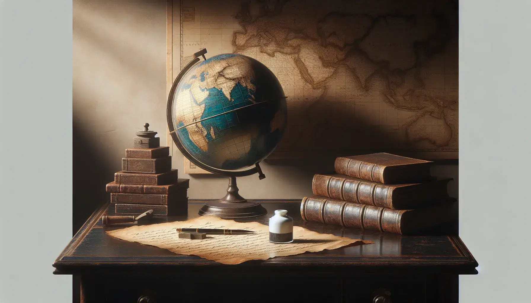 Scrivania antica in legno scuro con globo vintage, libri in pelle marrone, calamaio in ceramica e foglio ingiallito, sullo sfondo una mappa antica.