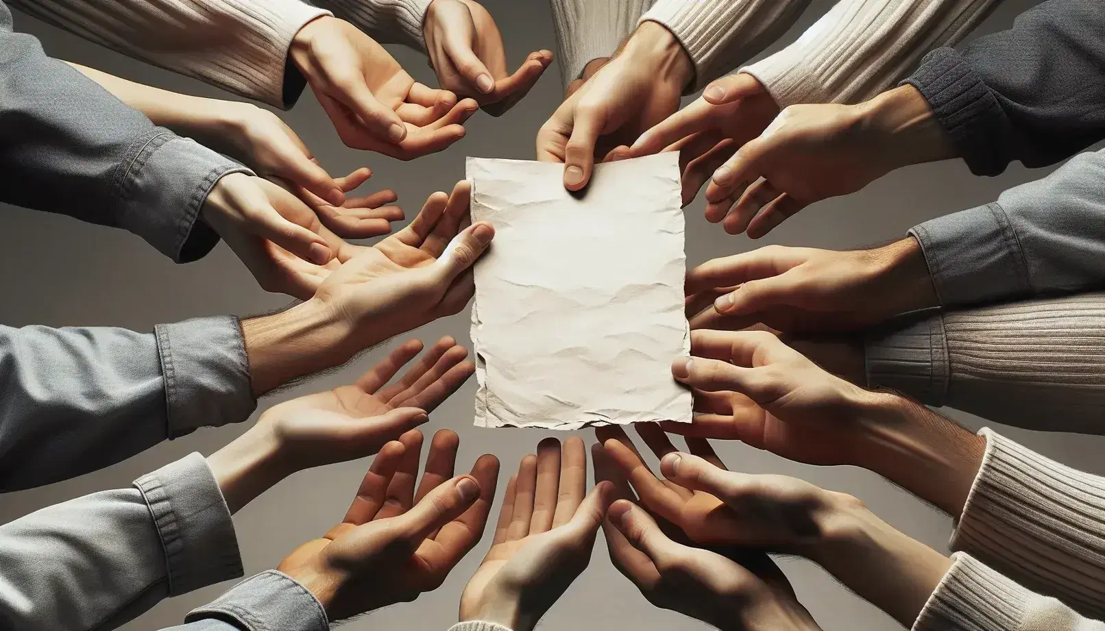 Manos diversas intercambiando un documento de papel de calidad sin adornos en un fondo desenfocado neutro, destacando la colaboración y diversidad.
