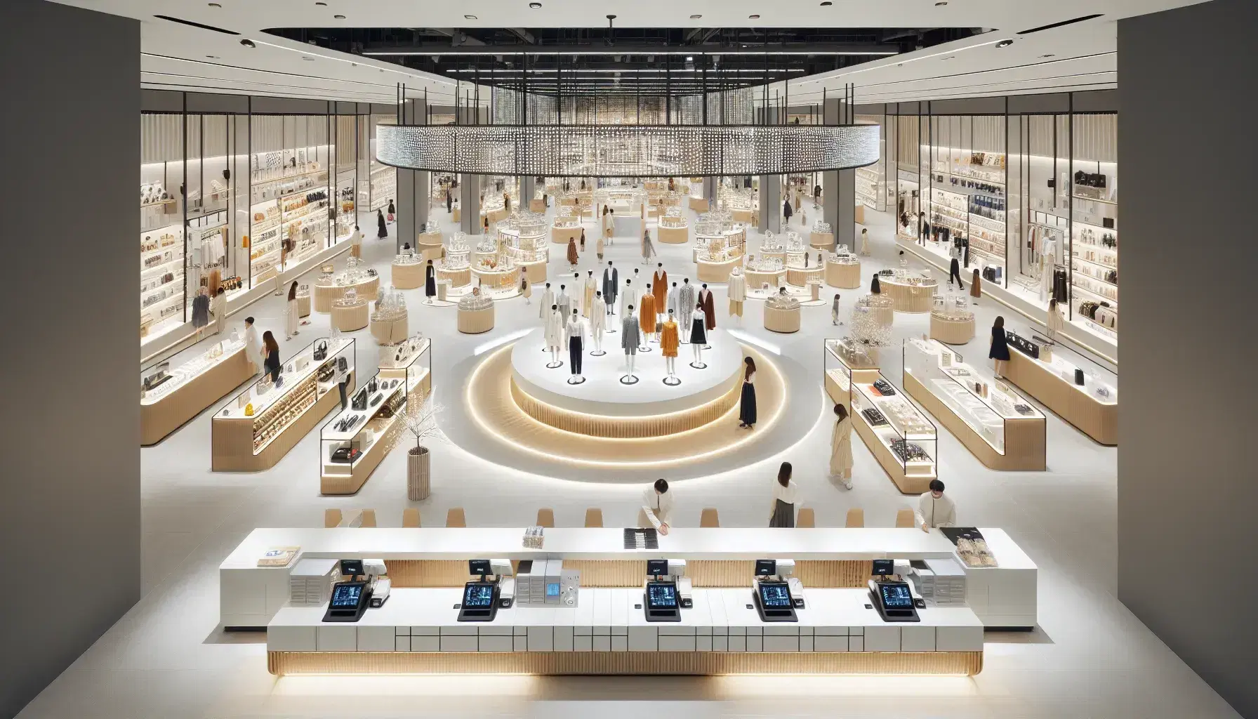 Vista aérea de tienda moderna con maniquíes en ropa de moda, estanterías de madera y vidrio con productos variados, cajas registradoras y clientes.