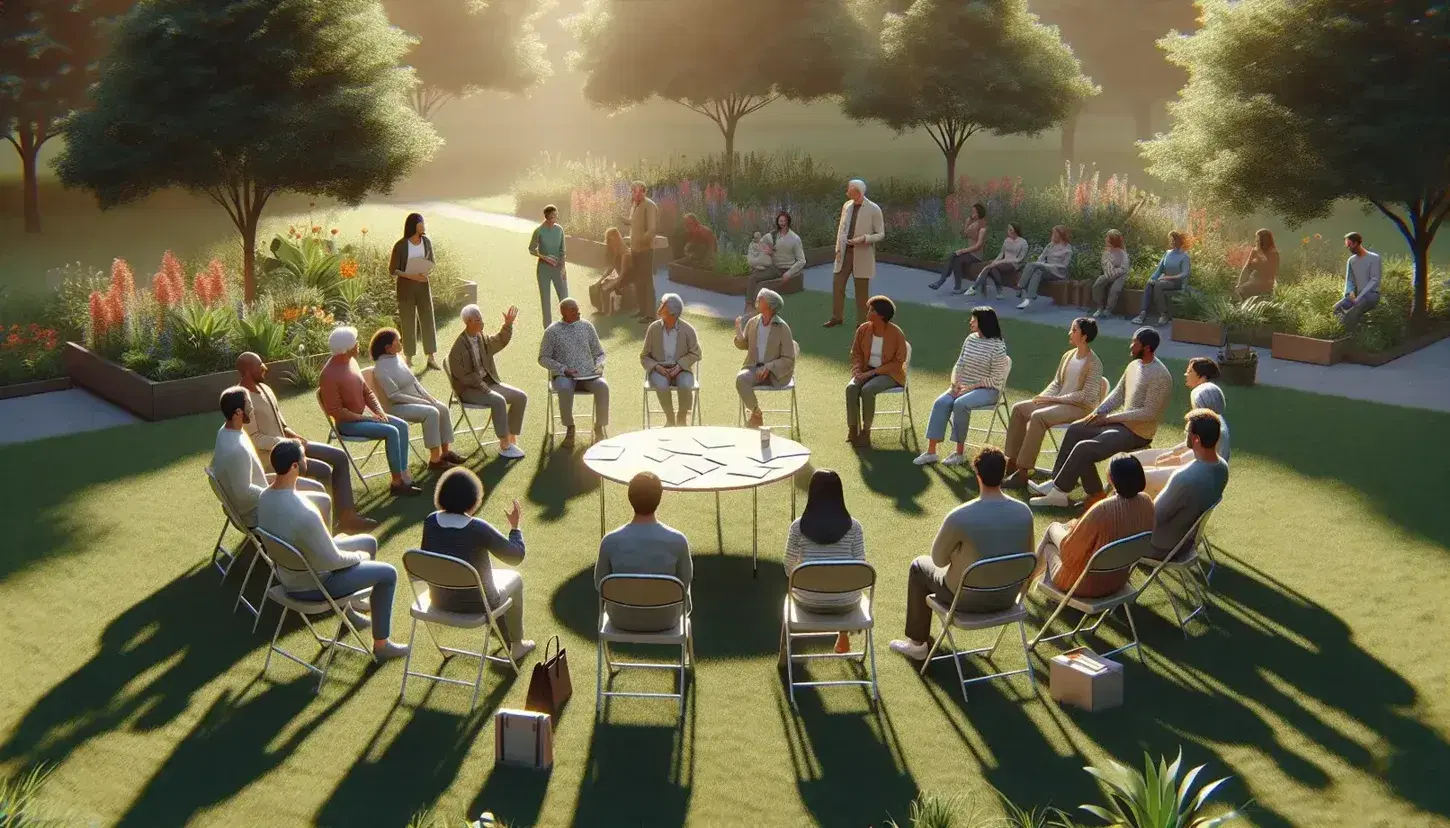 Grupo diverso de adultos reunidos en círculo al aire libre en un parque, con algunos sentados en sillas plegables y otros de pie, discutiendo con papeles y bolígrafos sobre una mesa redonda.