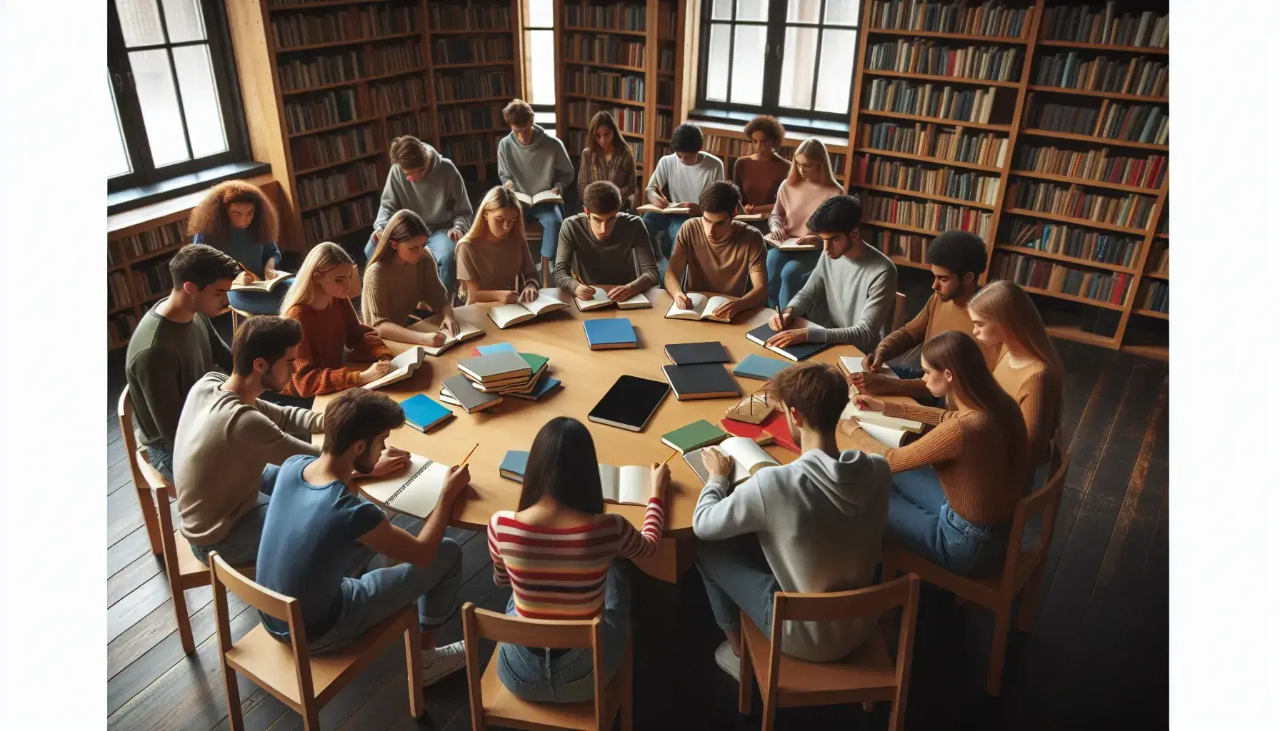 Grupo diverso de estudiantes concentrados estudiando en biblioteca con libros y tablet sobre mesa redonda, estanterías al fondo y luz natural.