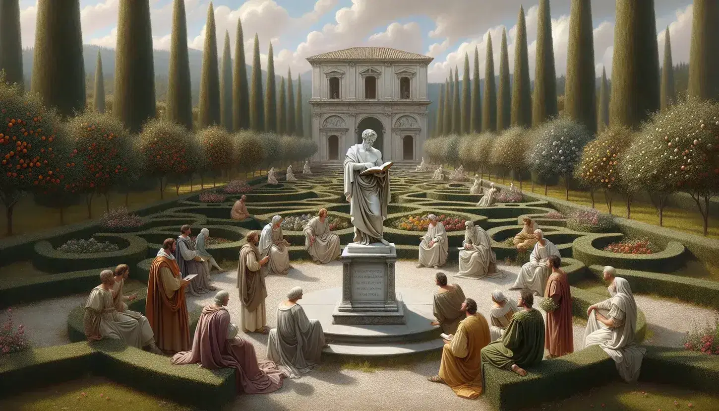 Giardino rinascimentale con statua di Platone e gruppo in abiti d'epoca discute vicino a strumenti astronomici su tavolo in legno.