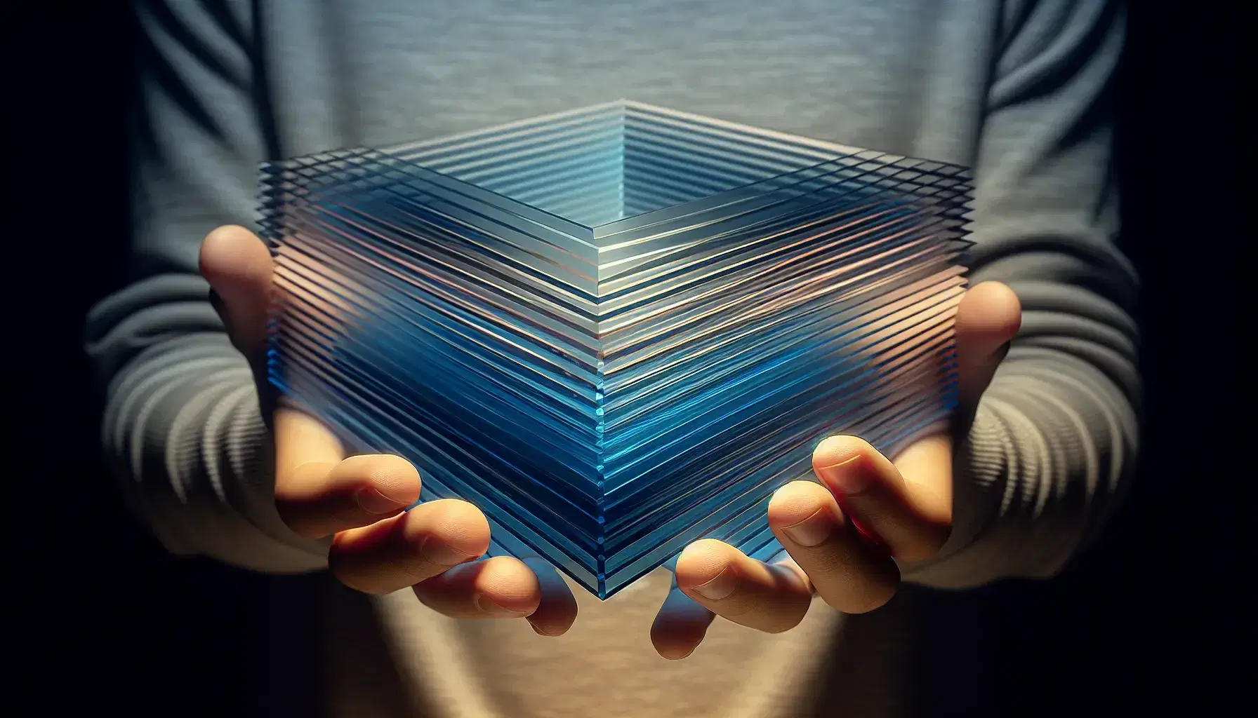 Hands holding a set of transparent colored acrylic sheets gradient from dark blue to light, arranged in a fan with neutral blurred background.