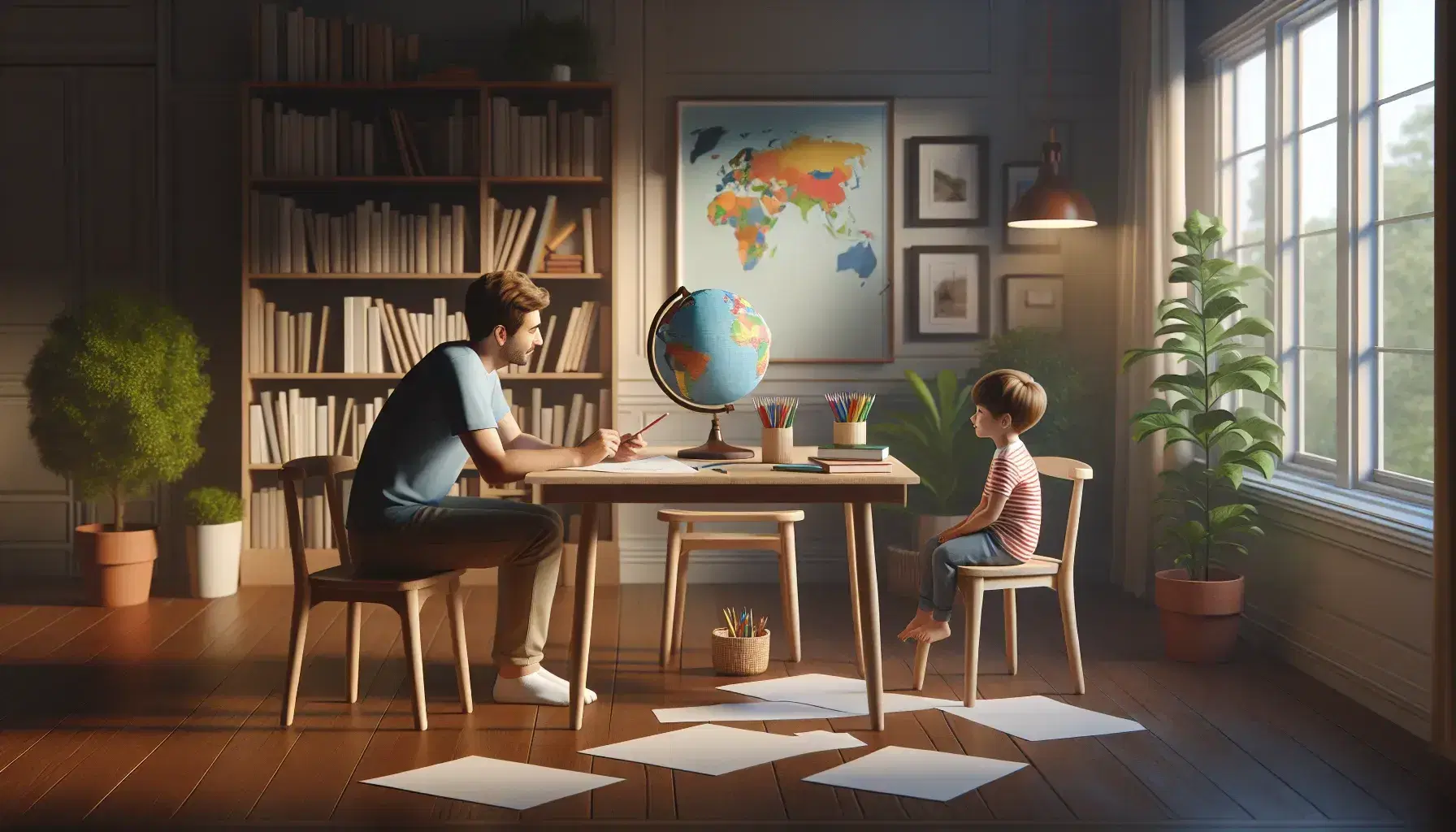 Scena familiare con adulto e bambino seduti al tavolo di legno intenti a disegnare, circondati da matite colorate e un mappamondo, in una stanza illuminata naturalmente.