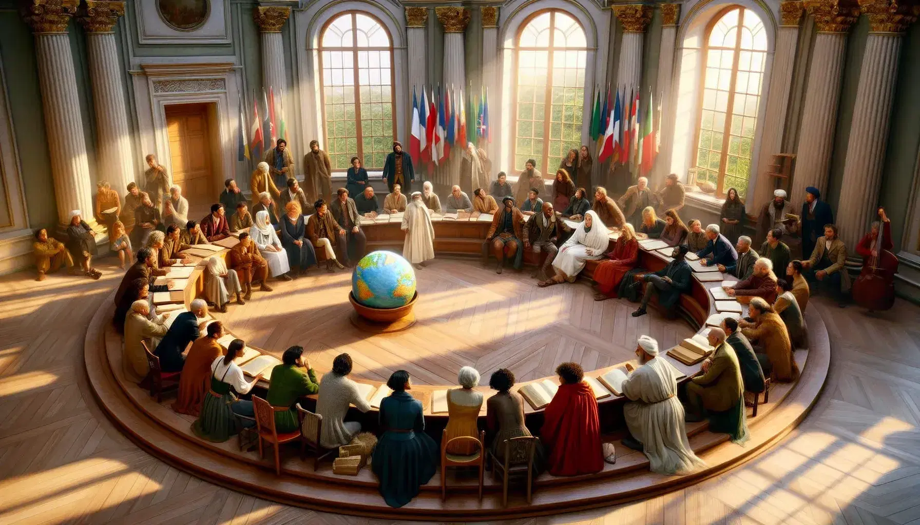 Diverse group engaged in discussion around a table with books, near a globe focused on France and a tricolor flag, in a sunlit room with wooden floors.