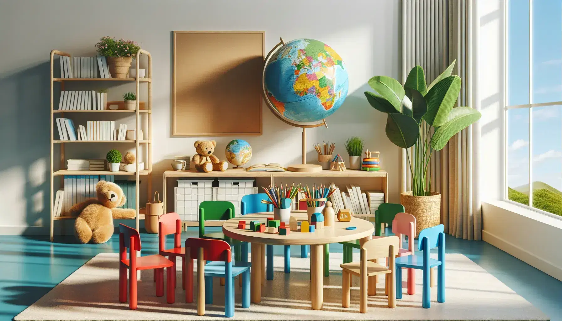 Aula colorida con mesa redonda y sillas multicolores, globo terráqueo, bloques de construcción, rompecabezas, planta verde, pizarra blanca, estantería con libros y peluche de oso.