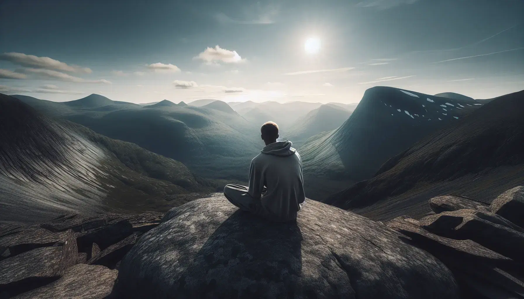 Persona seduta in posizione di meditazione su roccia montuosa, circondata da paesaggio naturale con cime innevate e cielo sereno.