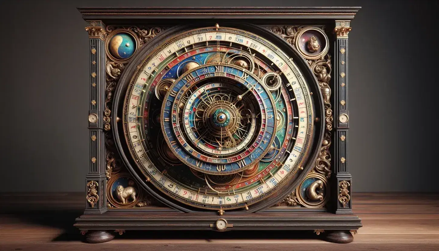 Orologio astronomico antico con quadranti zodiacali colorati, fasi lunari e numeri romani, su piedistallo in legno scuro e sfondo sfocato.