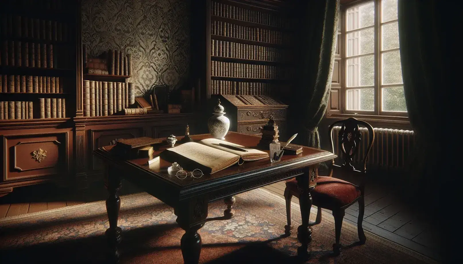 Habitación del siglo XIX con mesa de madera oscura, tintero de porcelana, libro abierto y gafas, silla de terciopelo rojo y estantería repleta de libros.