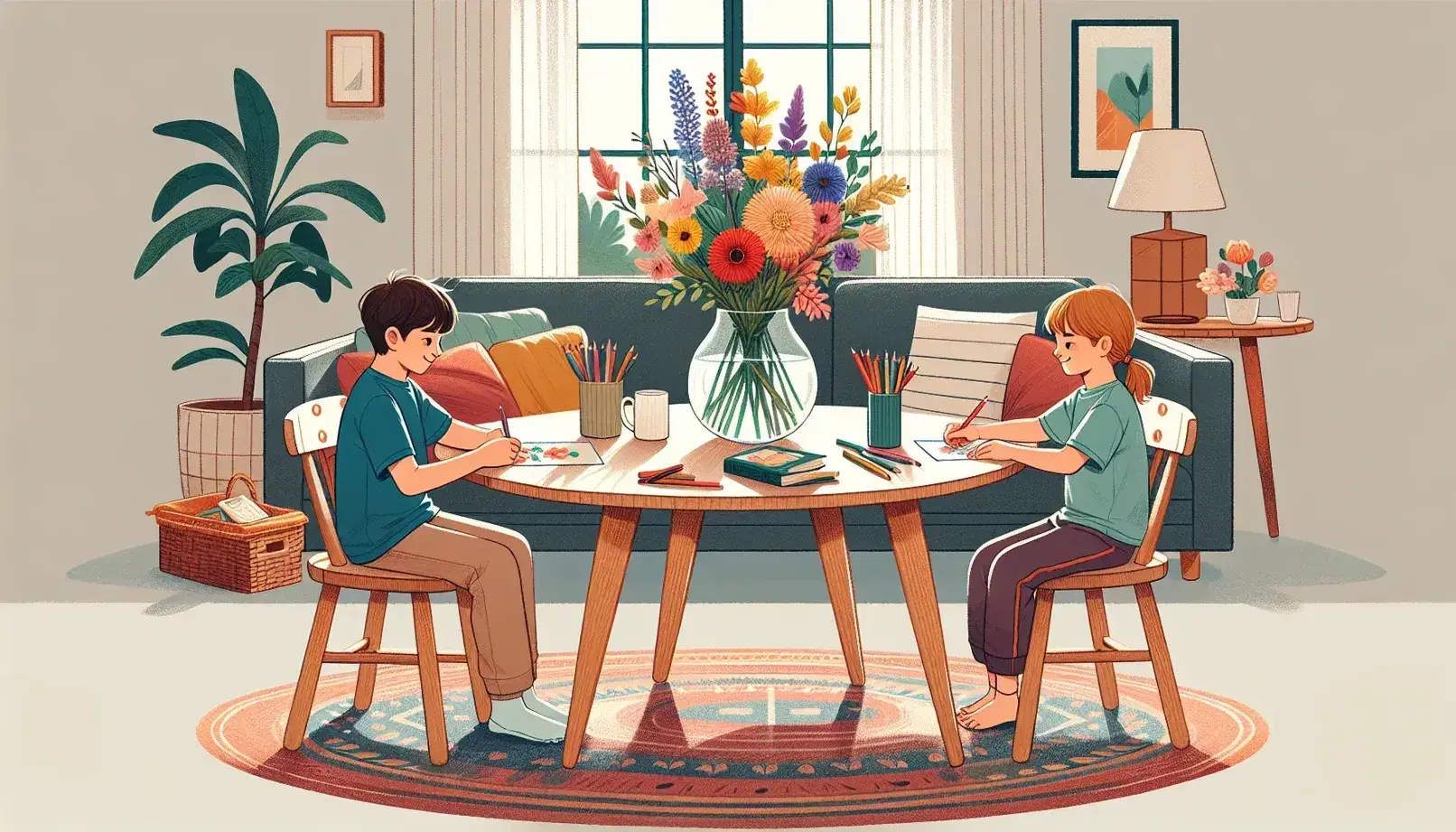 Niños dibujando con lápices de colores en una mesa de madera, jarrón con flores y sala de estar con sofá gris y planta interior.