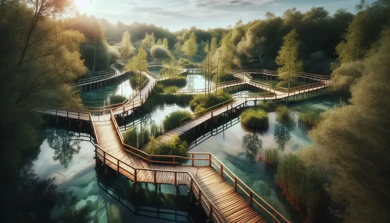 Percorsi di ponticelli in legno che collegano isole verdi in un paesaggio acquatico sereno, con riflessi di alberi e cielo limpido.