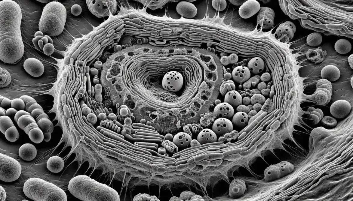 Micrografía electrónica de alta resolución de célula eucariota mostrando núcleo, cromatina, mitocondrias, vesículas y retículo endoplásmico.
