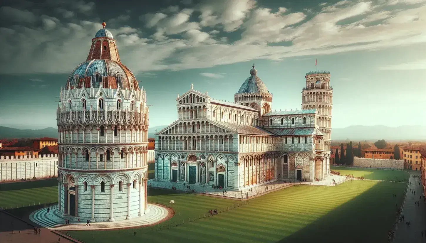 Vista panoramica della Piazza dei Miracoli a Pisa con il Duomo, il Battistero e la famosa Torre Pendente su prato verde sotto cielo sereno.