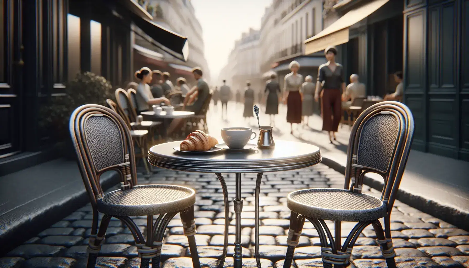 Classic French café setting with a round bistro table, two woven chairs on cobblestone, a cup of coffee, croissant on a plate, and a blurred pedestrian backdrop.