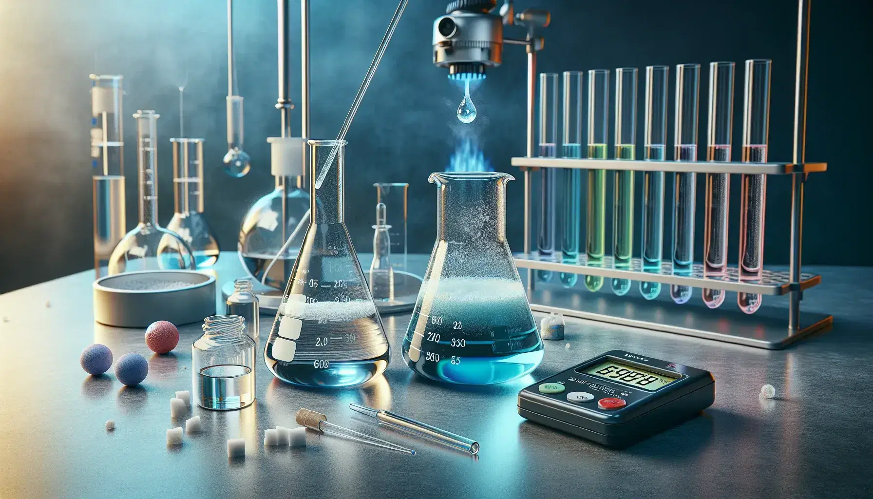 Laboratory with beaker of transparent blue liquid, glass rod, white crystalline powder, burner with blue flame and digital stopwatch.
