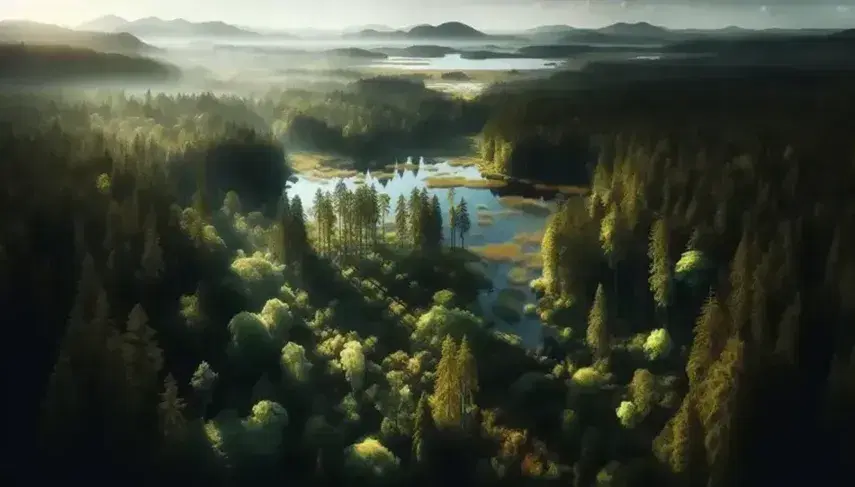 Vista panorámica de un bosque denso con árboles de distintos tonos de verde, un río reflejando el cielo azul y montañas en la distancia bajo una leve neblina.