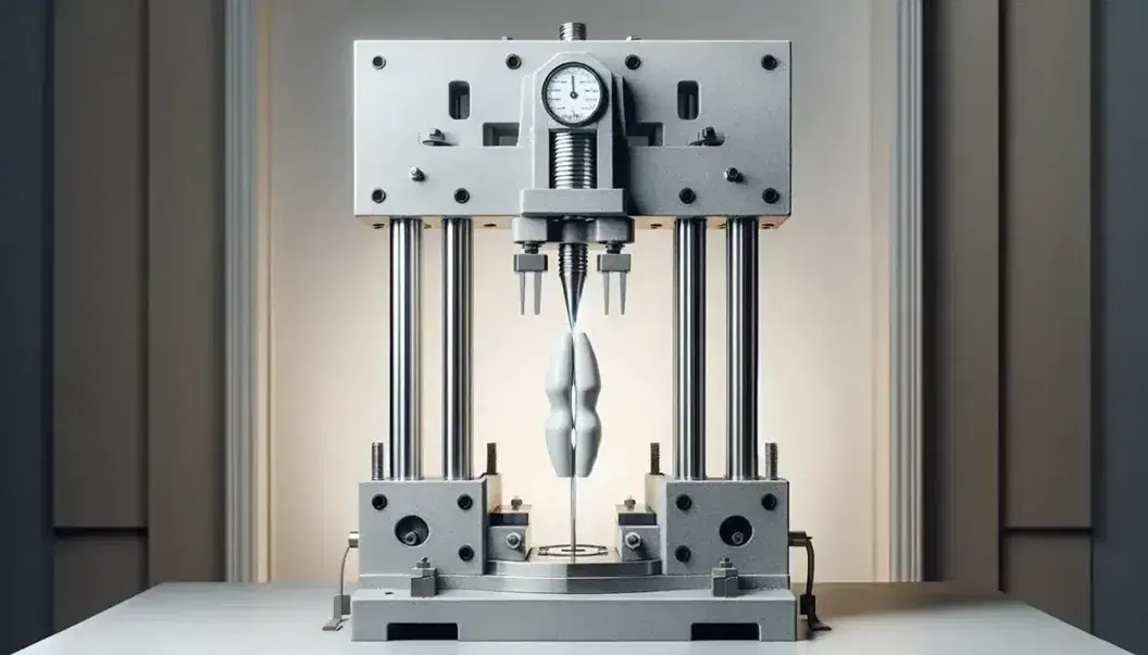 Máquina de ensayo de tracción metálica gris sujetando una probeta plástica blanca con zona de entalladura, preparada para test de resistencia en laboratorio.