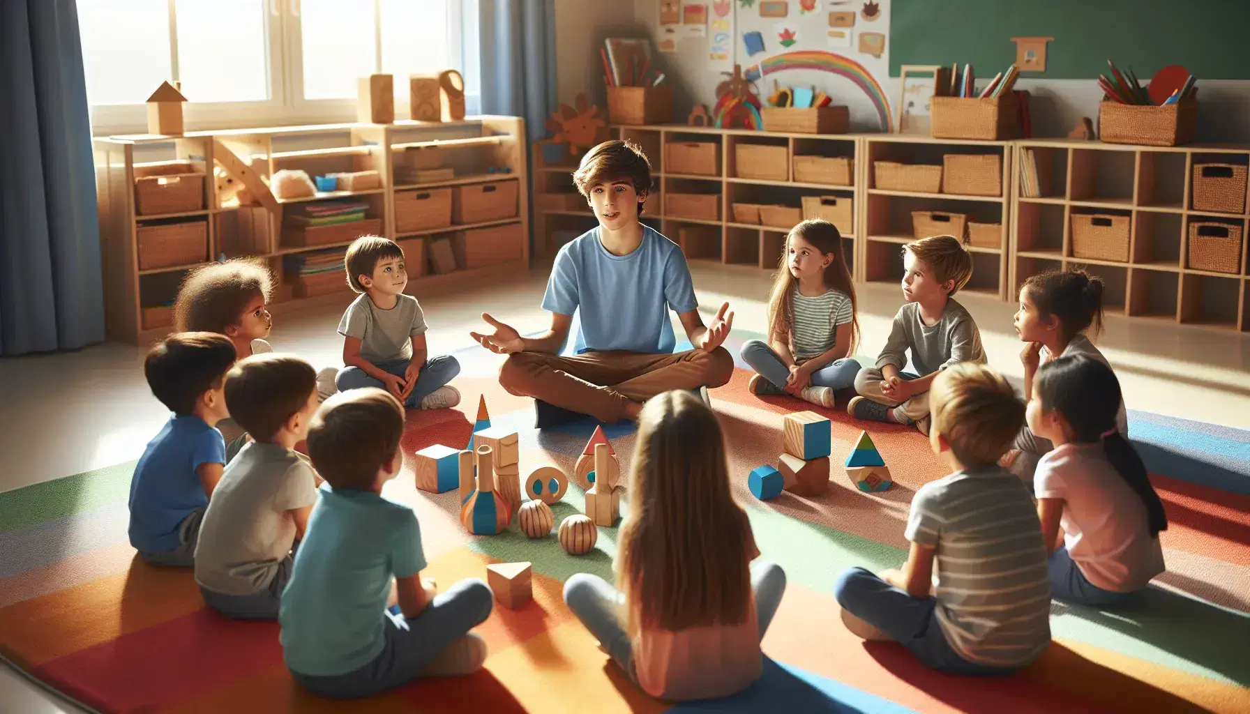 Niños de diversas etnias sentados en círculo en aula, con bloques educativos en el centro, bajo luz natural.